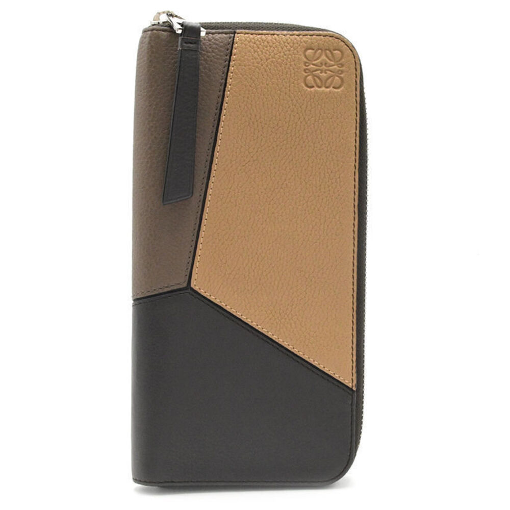 Loewe Puzzle Open Wallet Leather Round Zip Long Anagram Beige Black